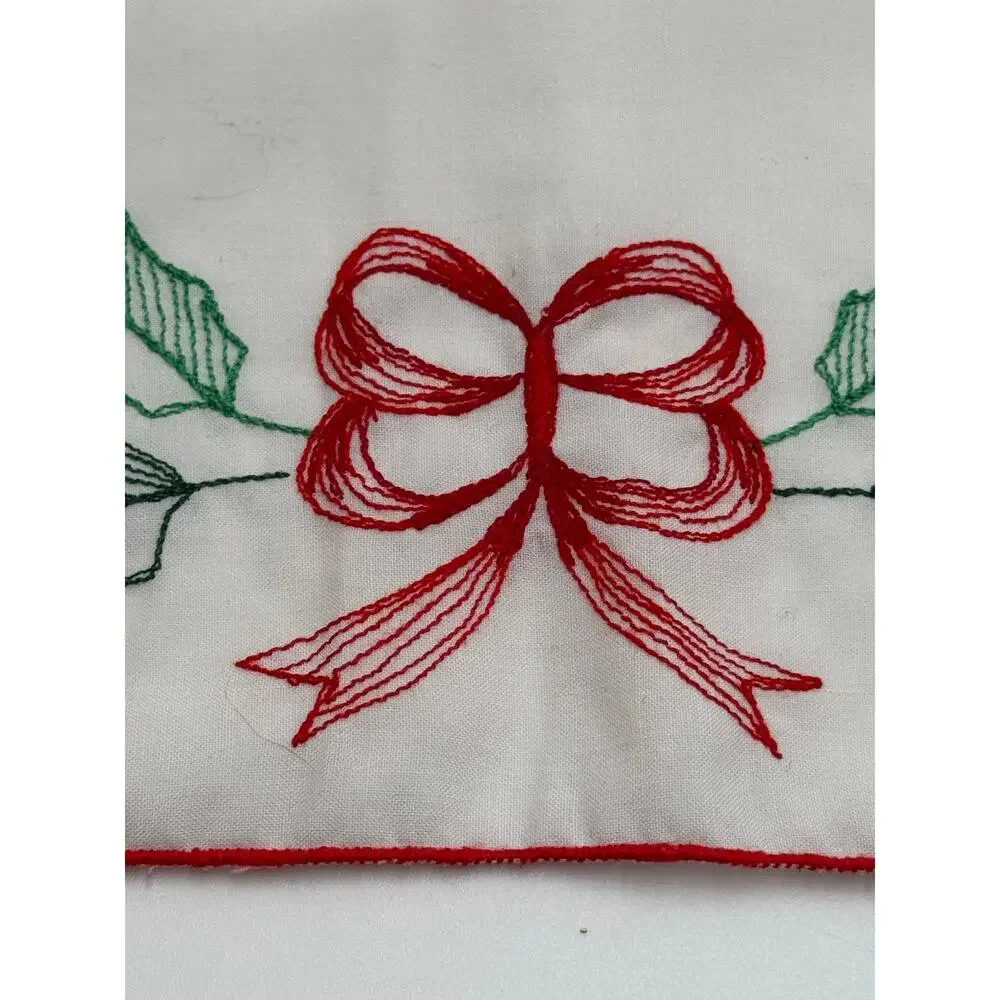 Vintage Hand Embroidered Christmas Dresser Scarves Wreath Holly Set of 2
